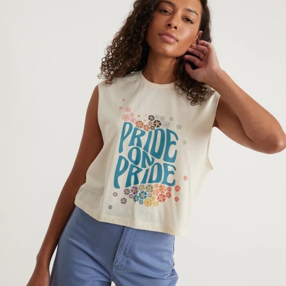 Small S New Nwt Marine Layer Pride Giving Tank Top Cream Cropped Crew Graphic - Picture 1 of 1